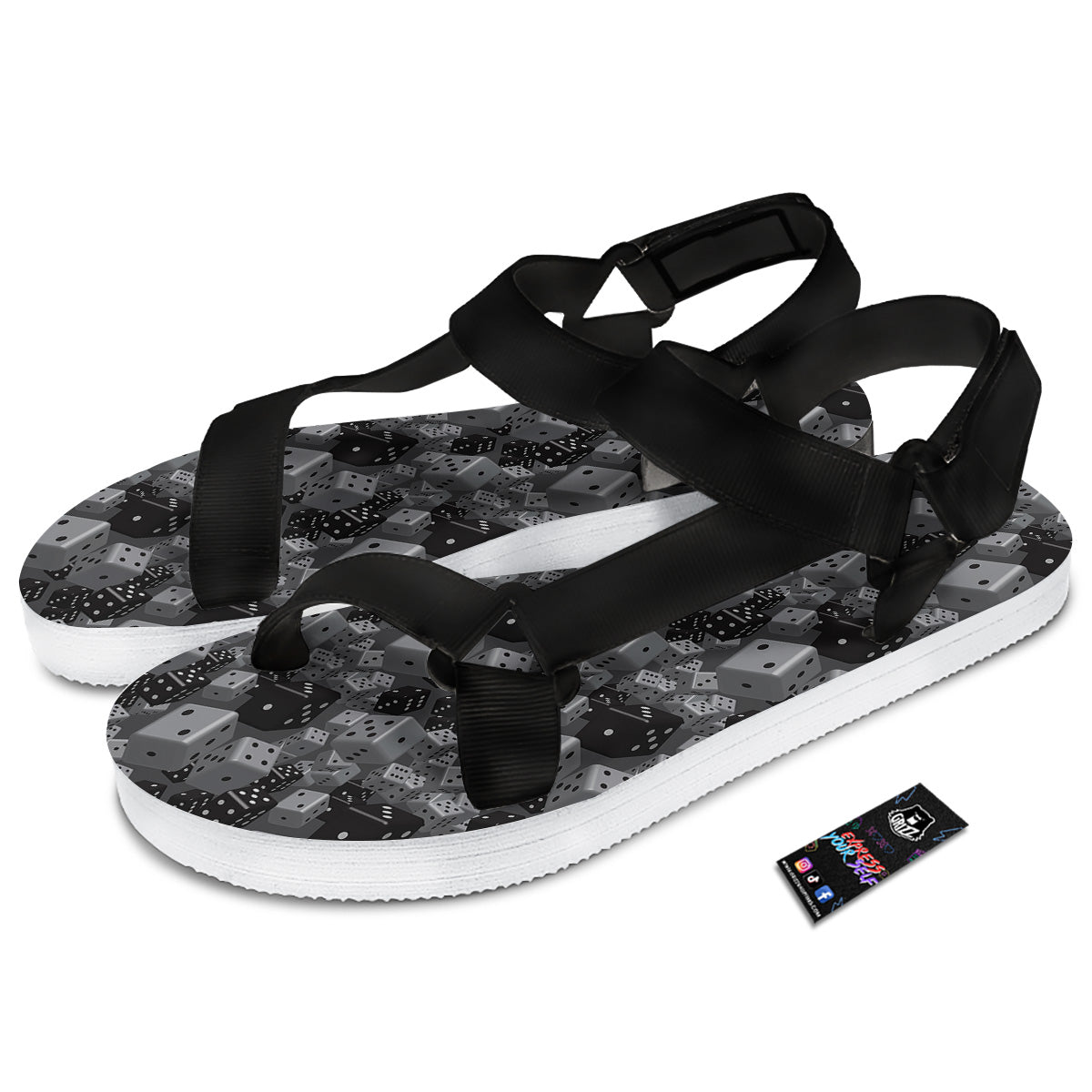 Gray Black 3D Dice Print Pattern Black Open Toe Sandals-grizzshop