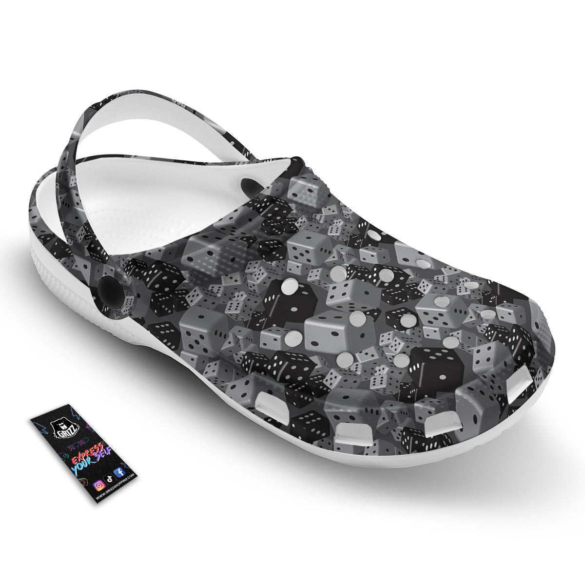 Gray Black 3D Dice Print Pattern Clog-grizzshop