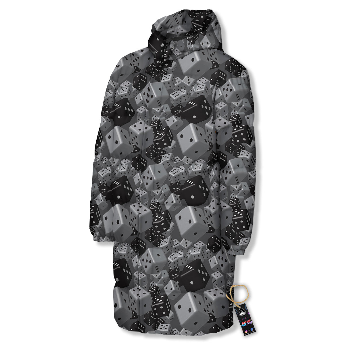 Gray Black 3D Dice Print Pattern Long Down Jacket-grizzshop