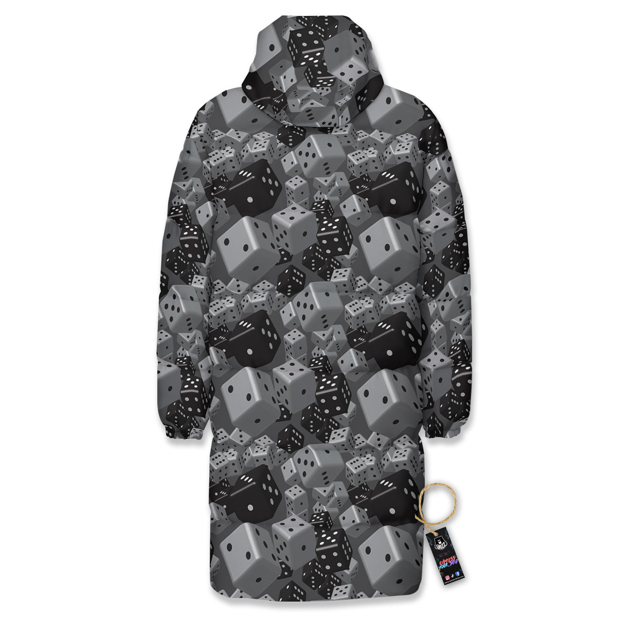 Gray Black 3D Dice Print Pattern Long Down Jacket-grizzshop