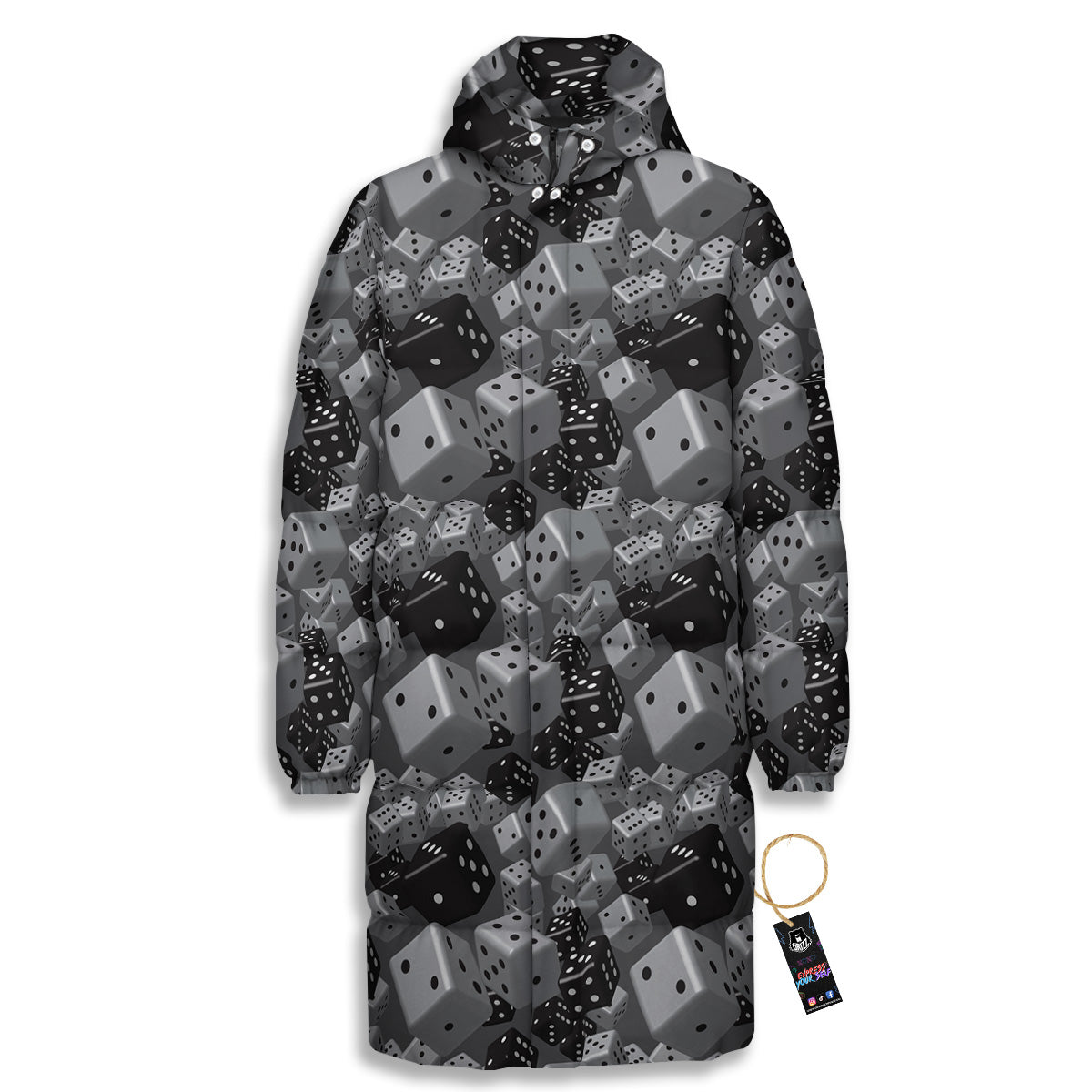 Gray Black 3D Dice Print Pattern Long Down Jacket-grizzshop