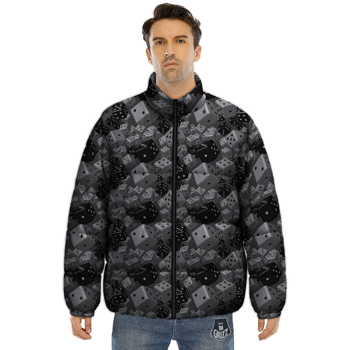 Gray Black 3D Dice Print Pattern Puffer Jacket-grizzshop