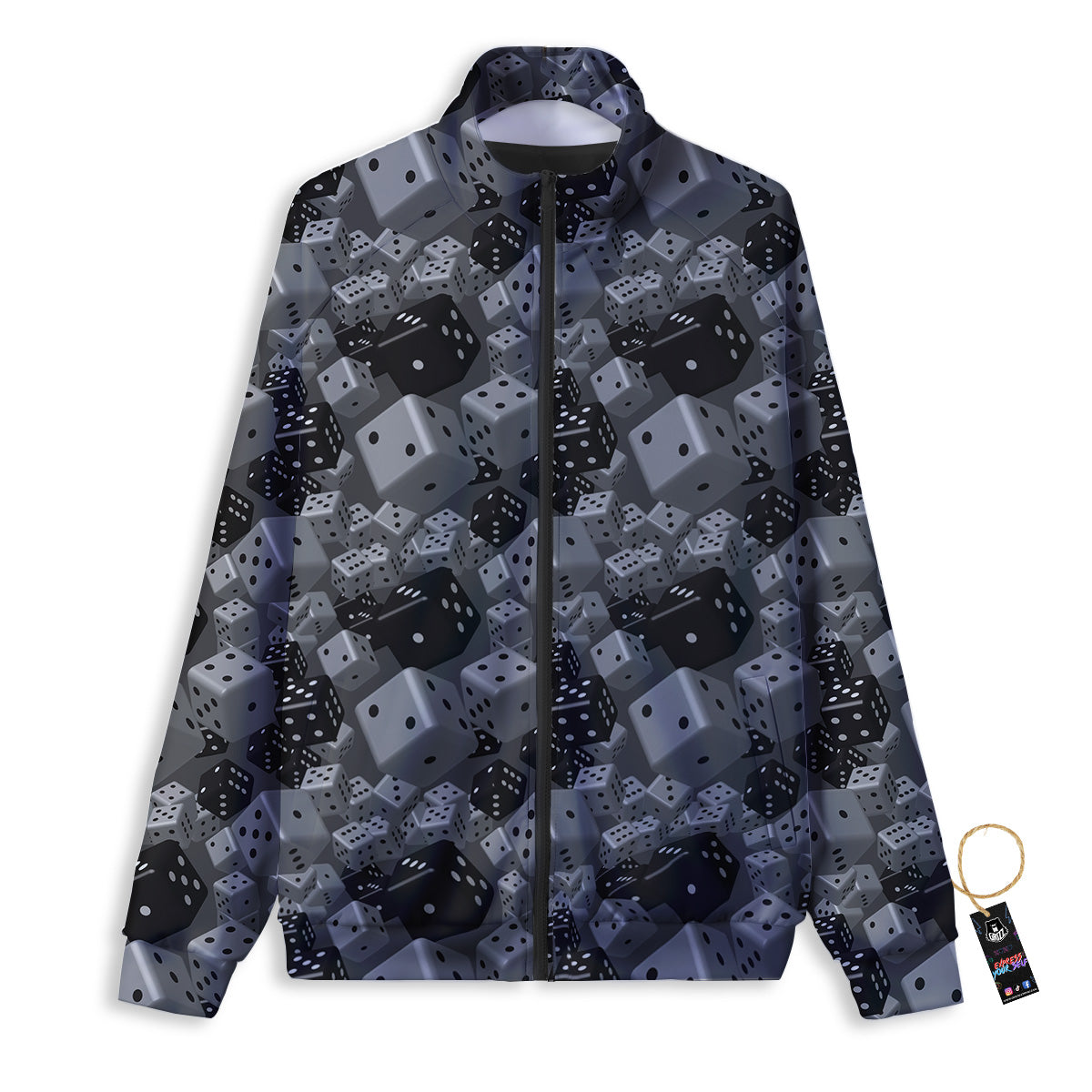Gray Black 3D Dice Print Pattern Track Jacket-grizzshop