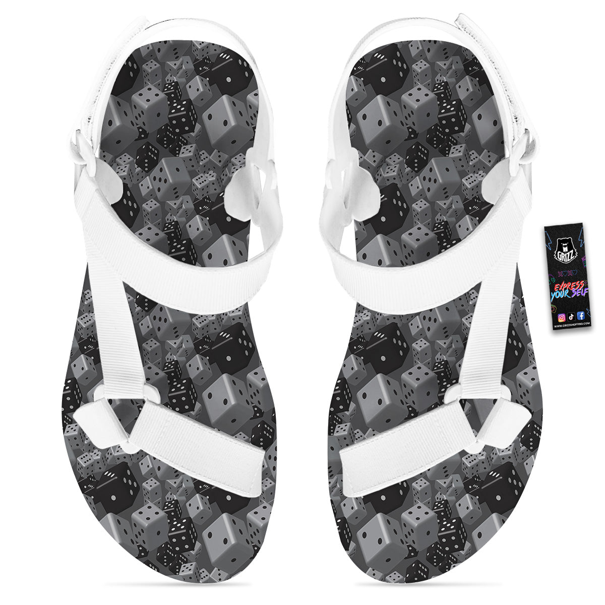 Gray Black 3D Dice Print Pattern White Open Toe Sandals-grizzshop