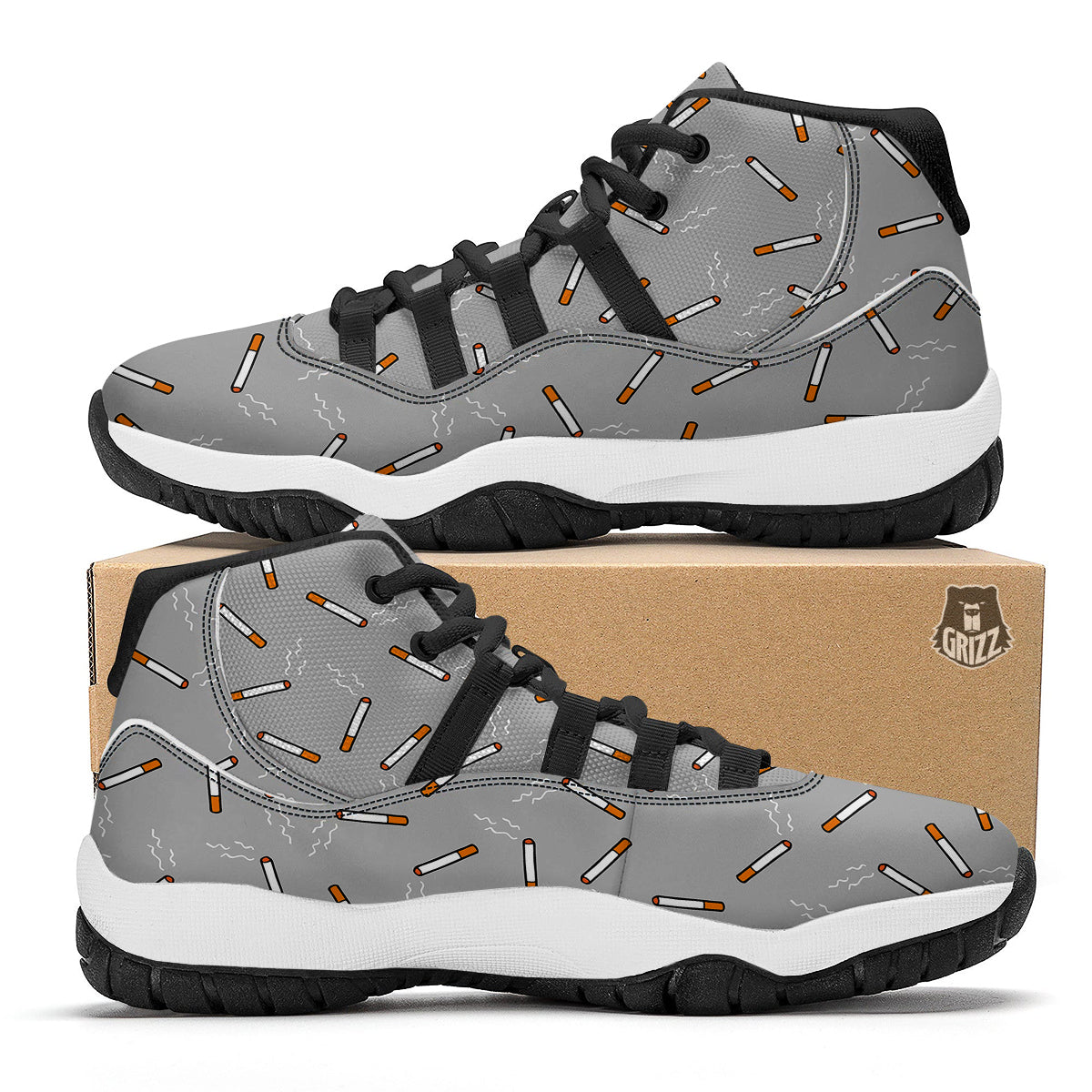Gray Cigarette Print Pattern Black Bball Shoes-grizzshop
