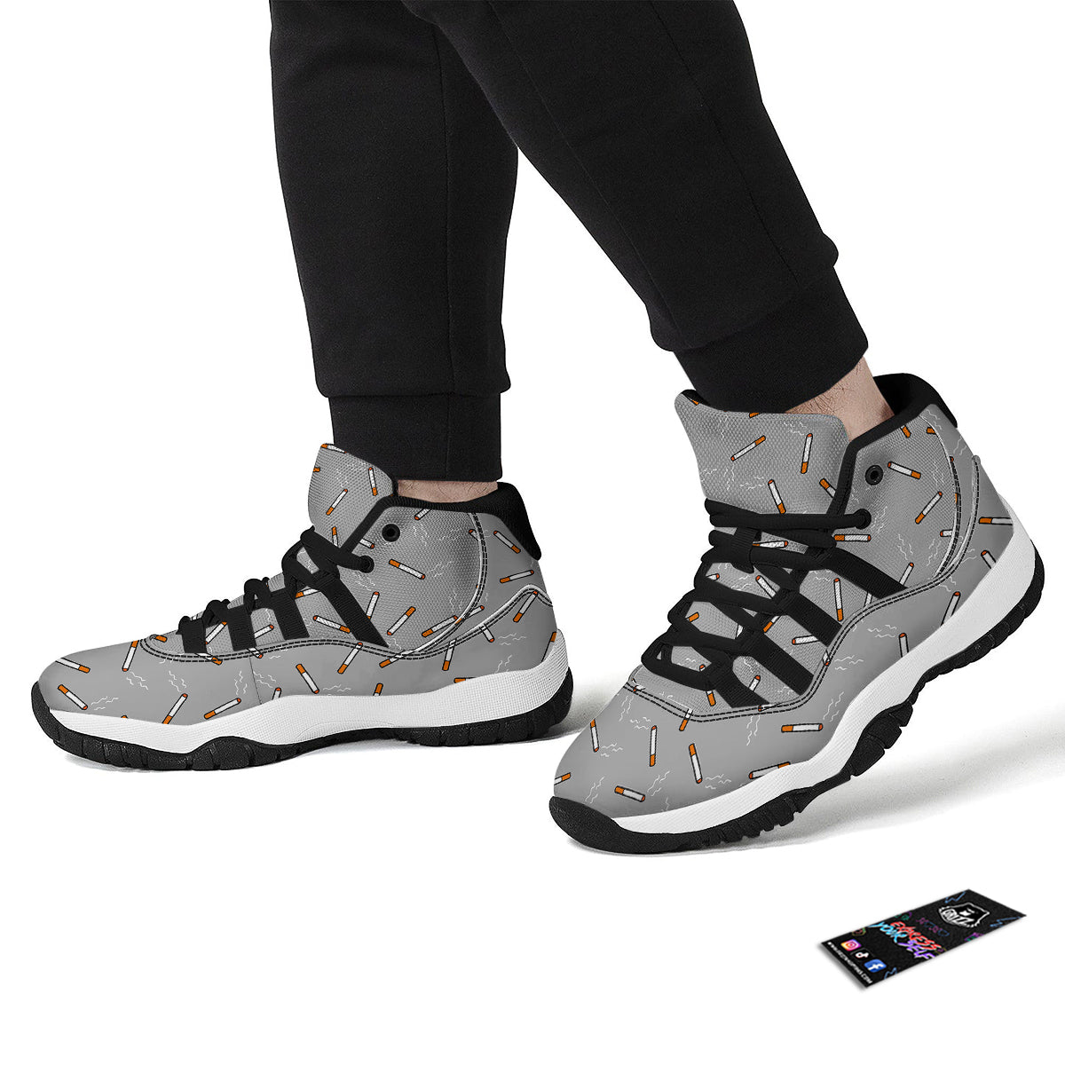 Gray Cigarette Print Pattern Black Bball Shoes-grizzshop