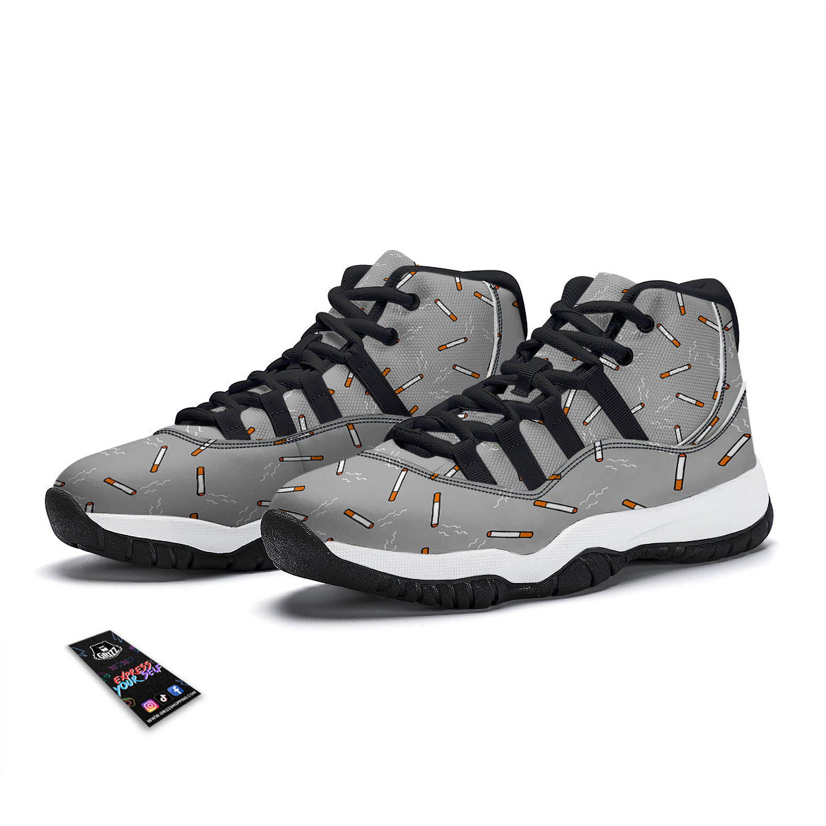 Gray Cigarette Print Pattern Black Bball Shoes-grizzshop