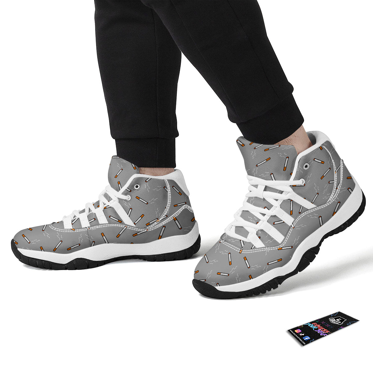 Gray Cigarette Print Pattern White Bball Shoes-grizzshop