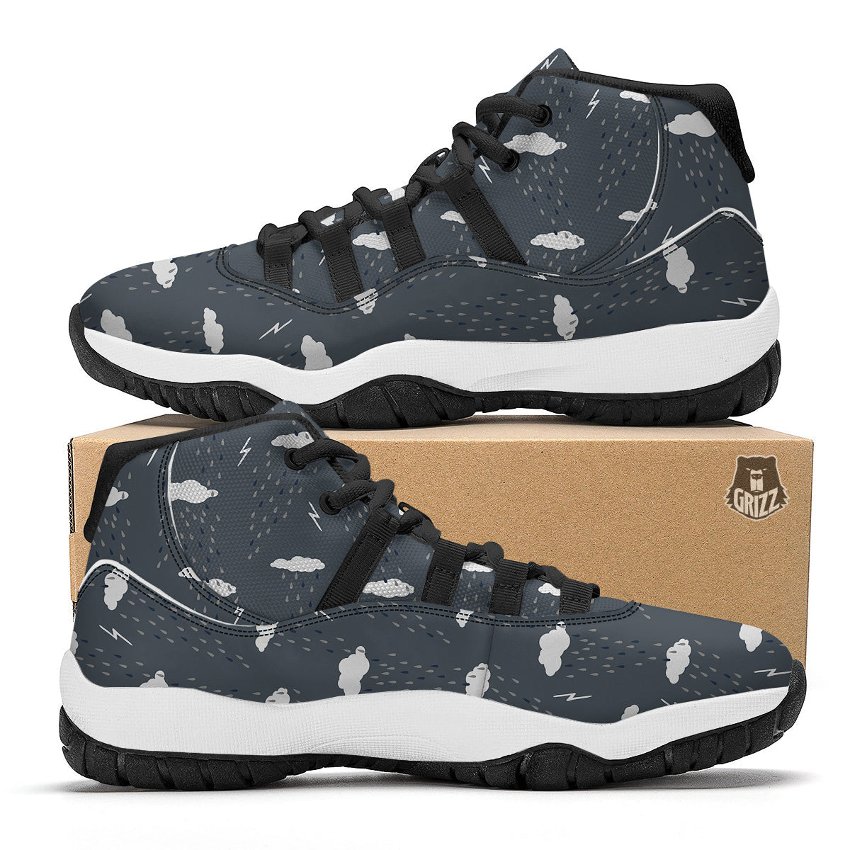 Gray Lightning Thunder Storm Print Pattern Black Bball Shoes-grizzshop