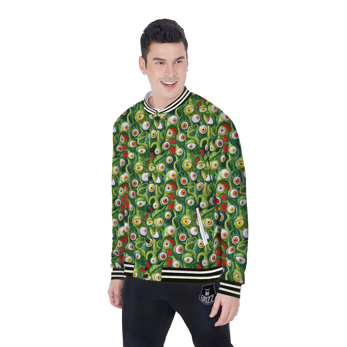 Green Alien Monster Print Pattern Baseball Jacket-grizzshop