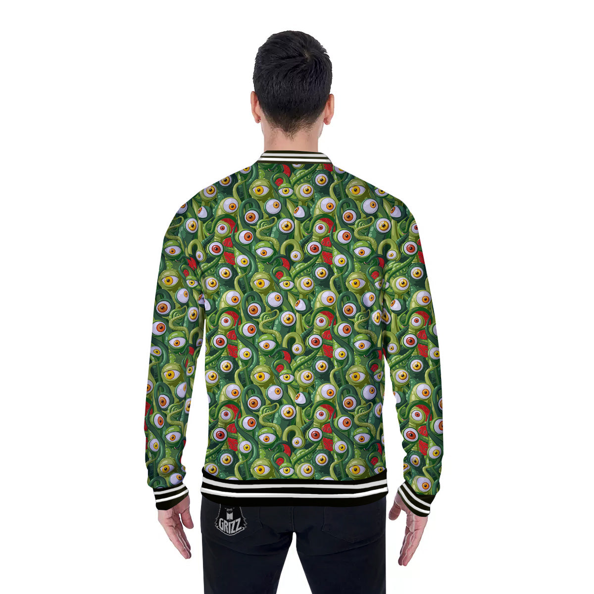 Green Alien Monster Print Pattern Baseball Jacket-grizzshop