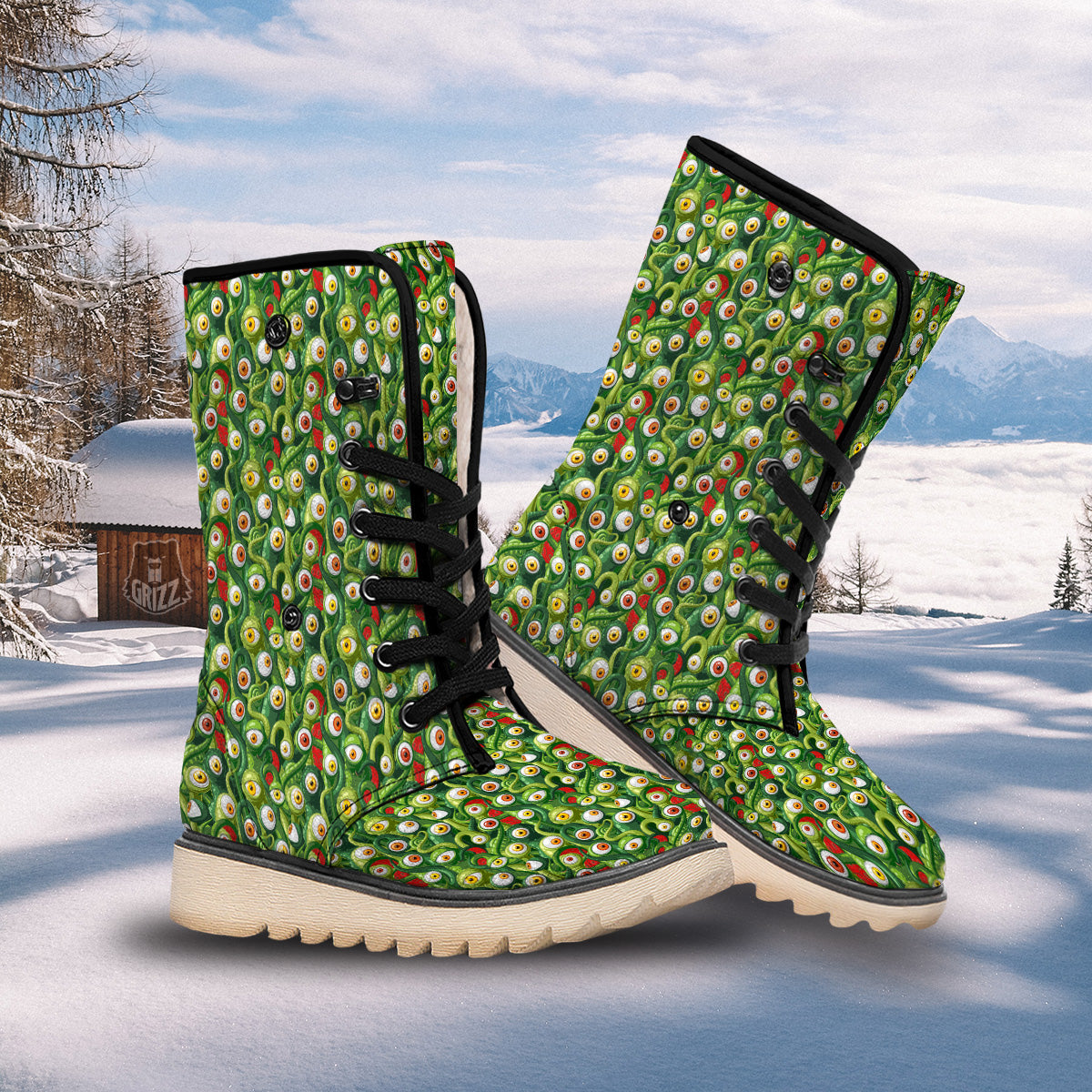 Green Alien Monster Print Pattern Snow Boots-grizzshop