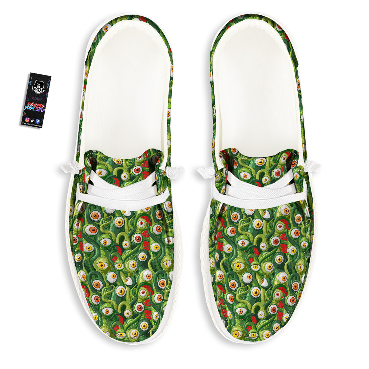 Green Alien Monster Print Pattern White Loafers-grizzshop