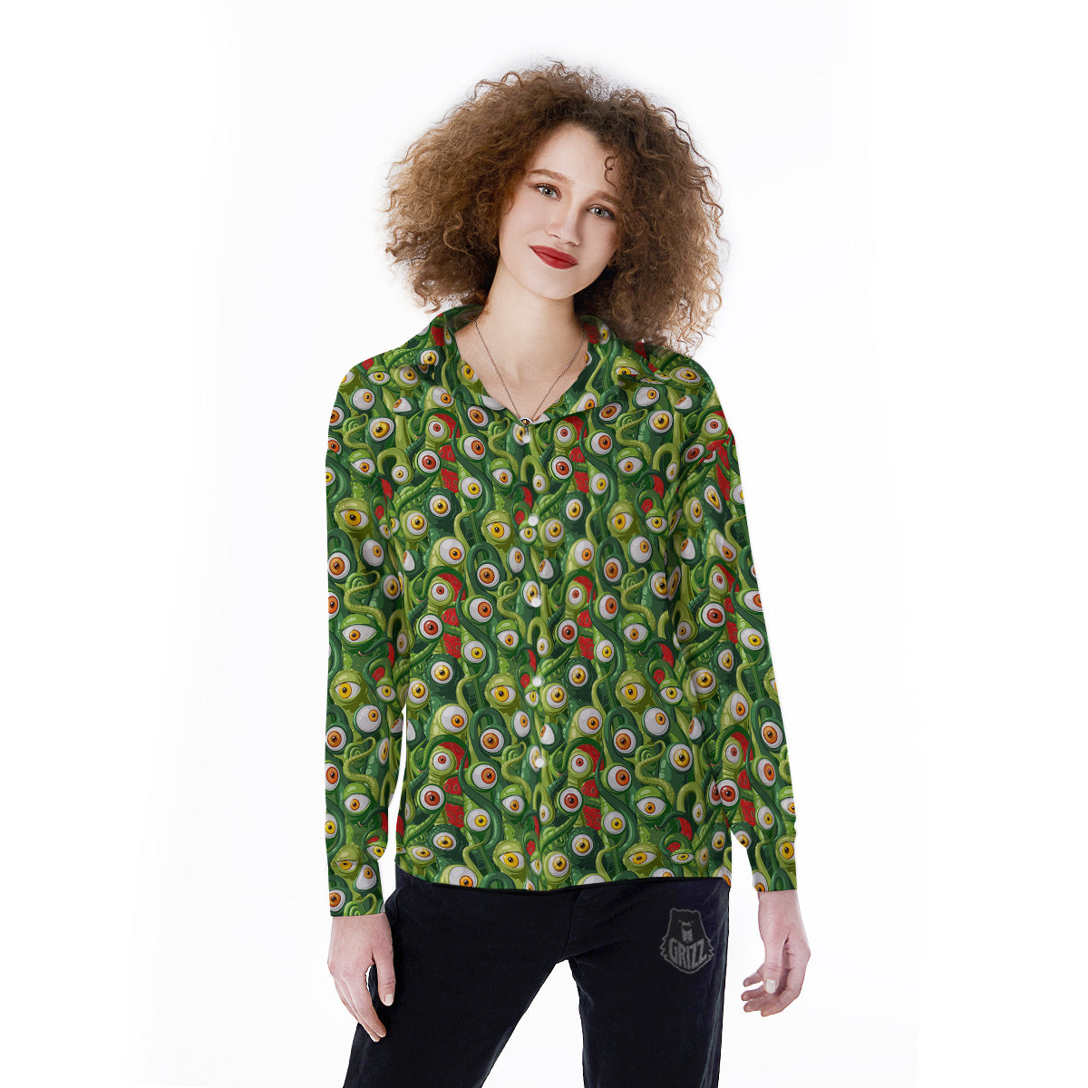 Green Alien Monster Print Pattern Women's Long Sleeve Shirts-grizzshop