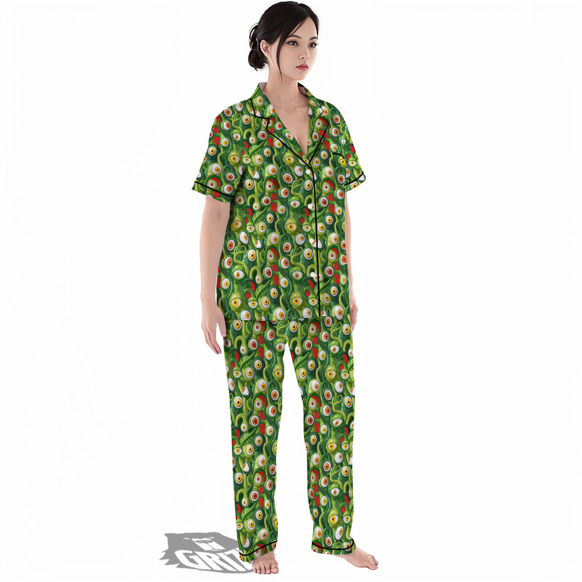 Green Alien Monster Print Pattern Women's Pajamas Set-grizzshop
