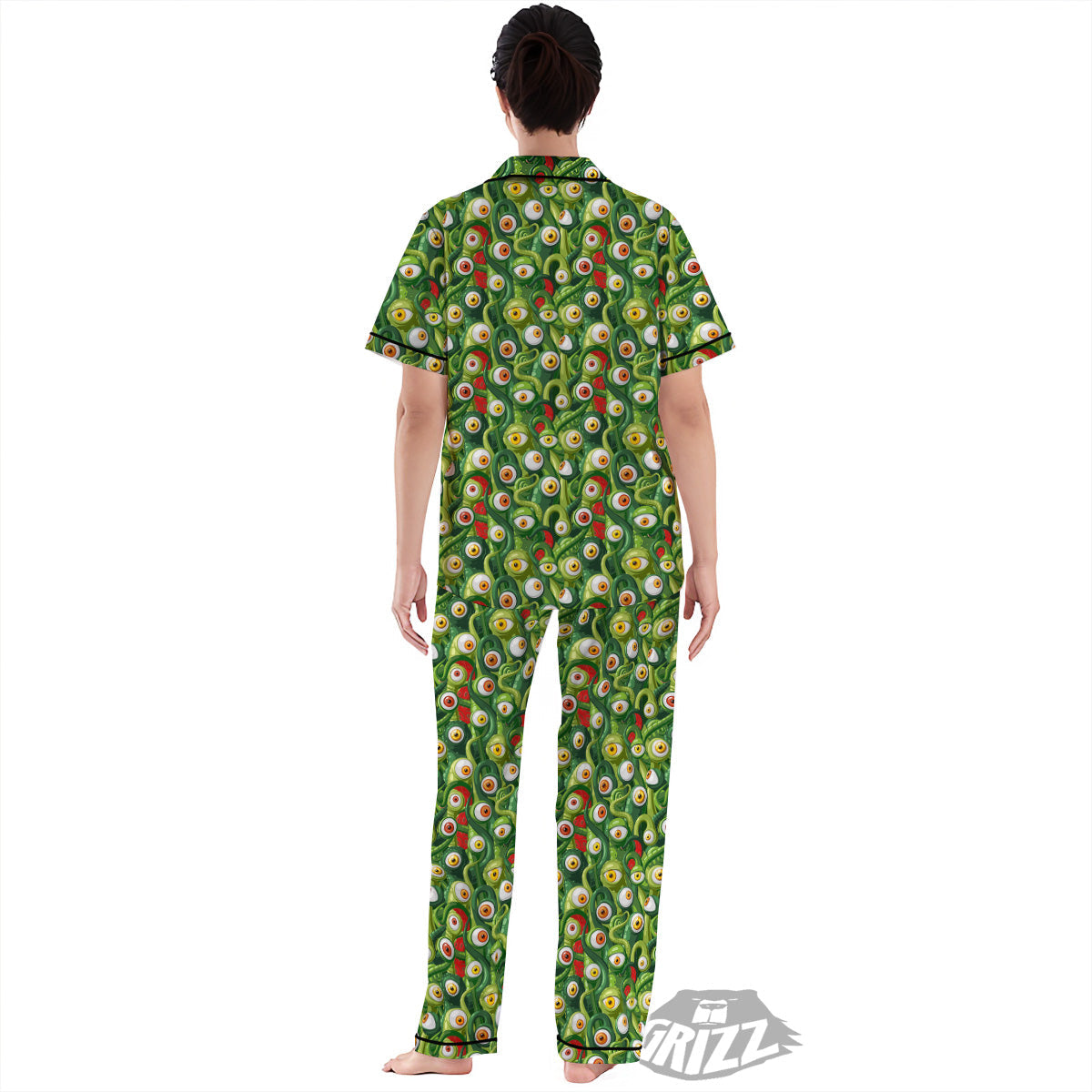 Green Alien Monster Print Pattern Women's Pajamas Set-grizzshop