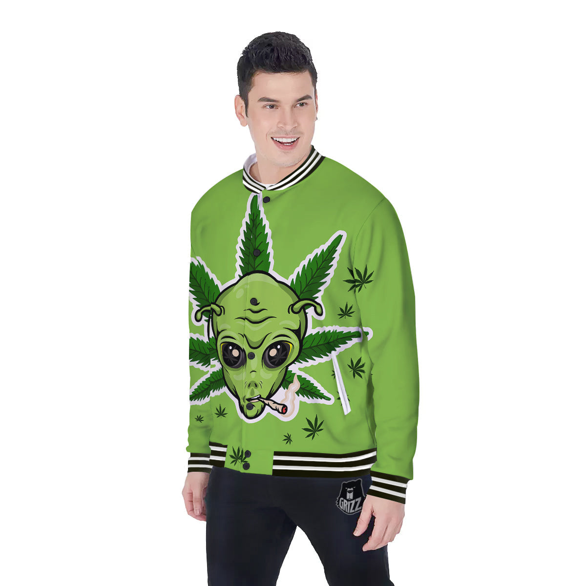 Green Alien Smoking Print Baseball Jacket-grizzshop