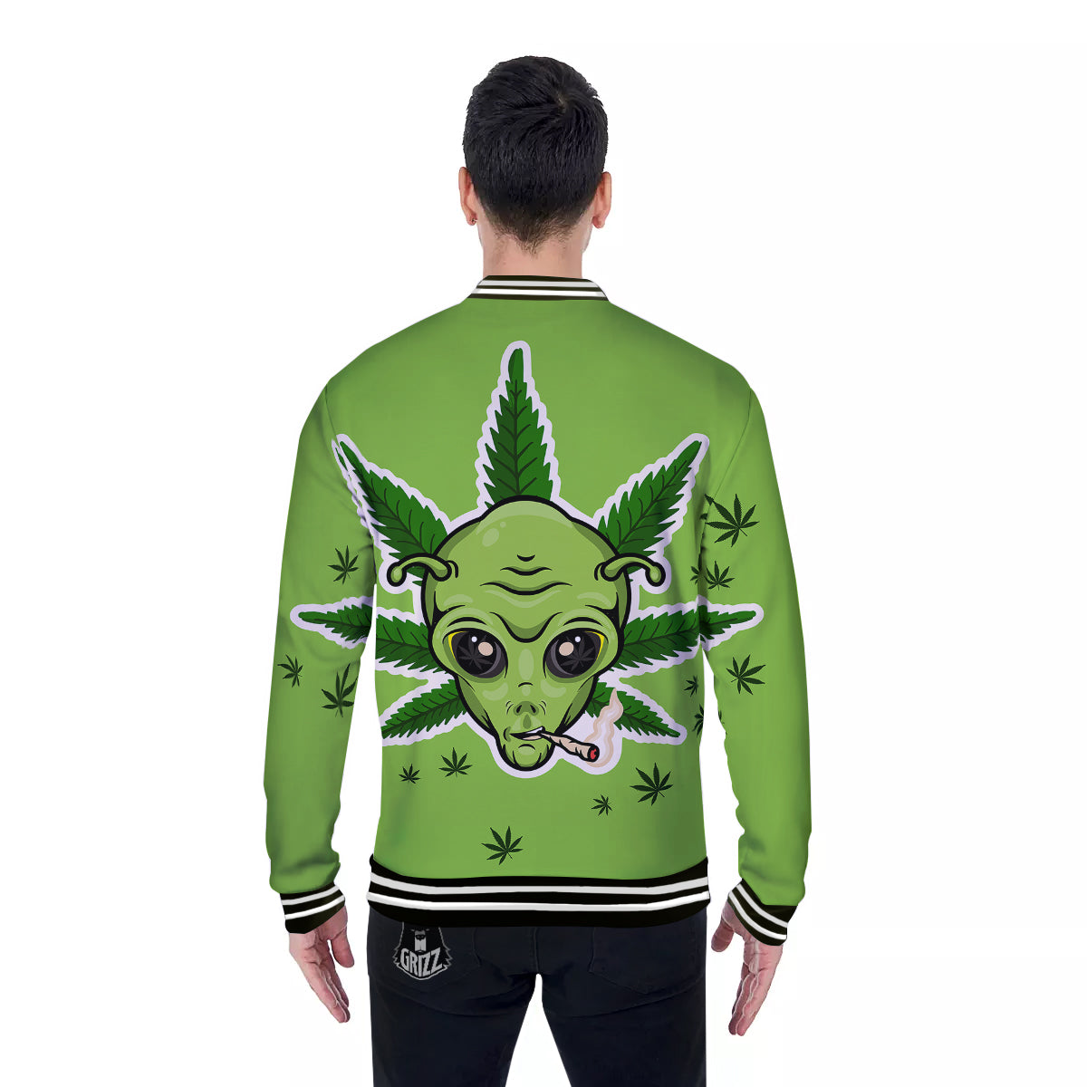 Green Alien Smoking Print Baseball Jacket-grizzshop