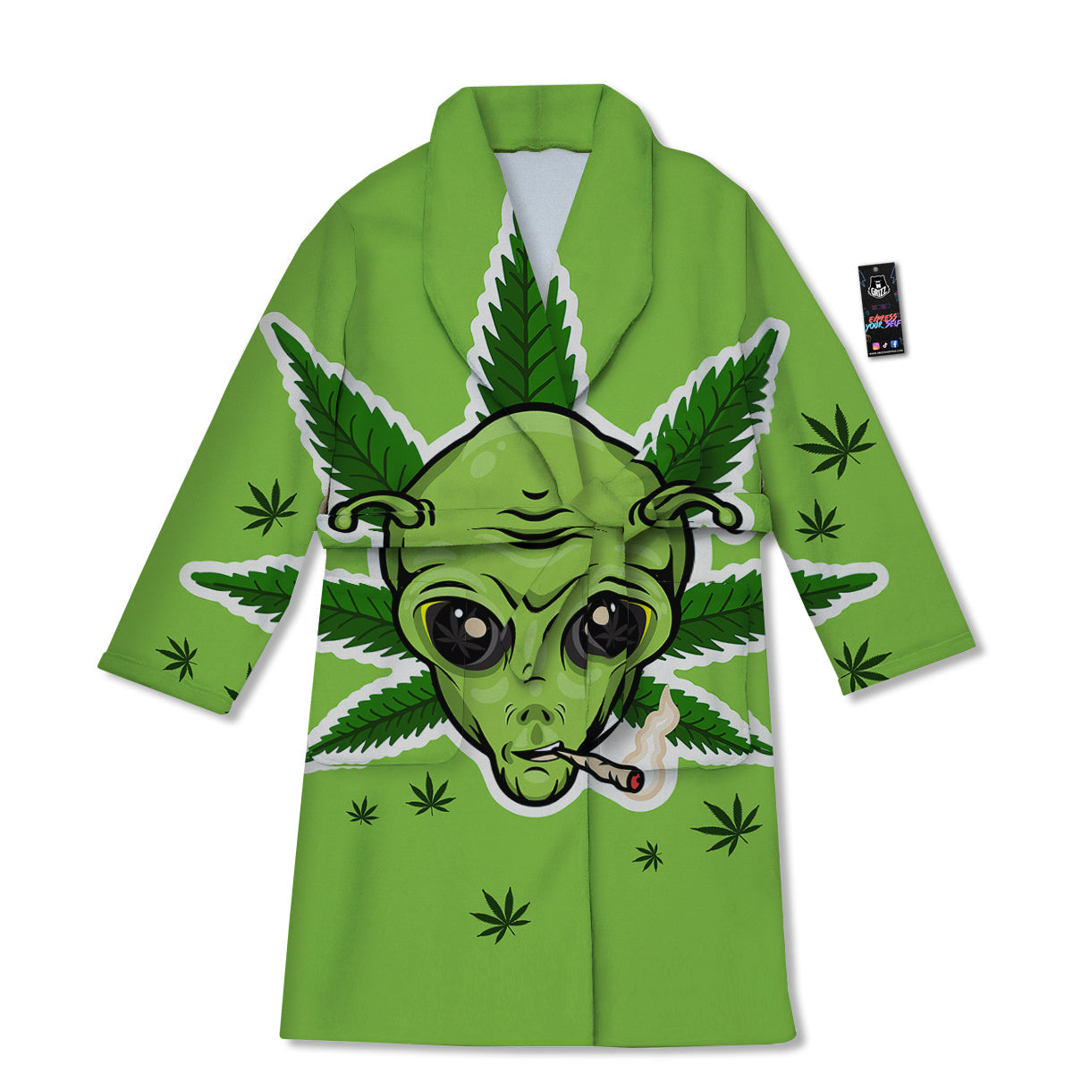 Green Alien Smoking Print Bathrobe-grizzshop