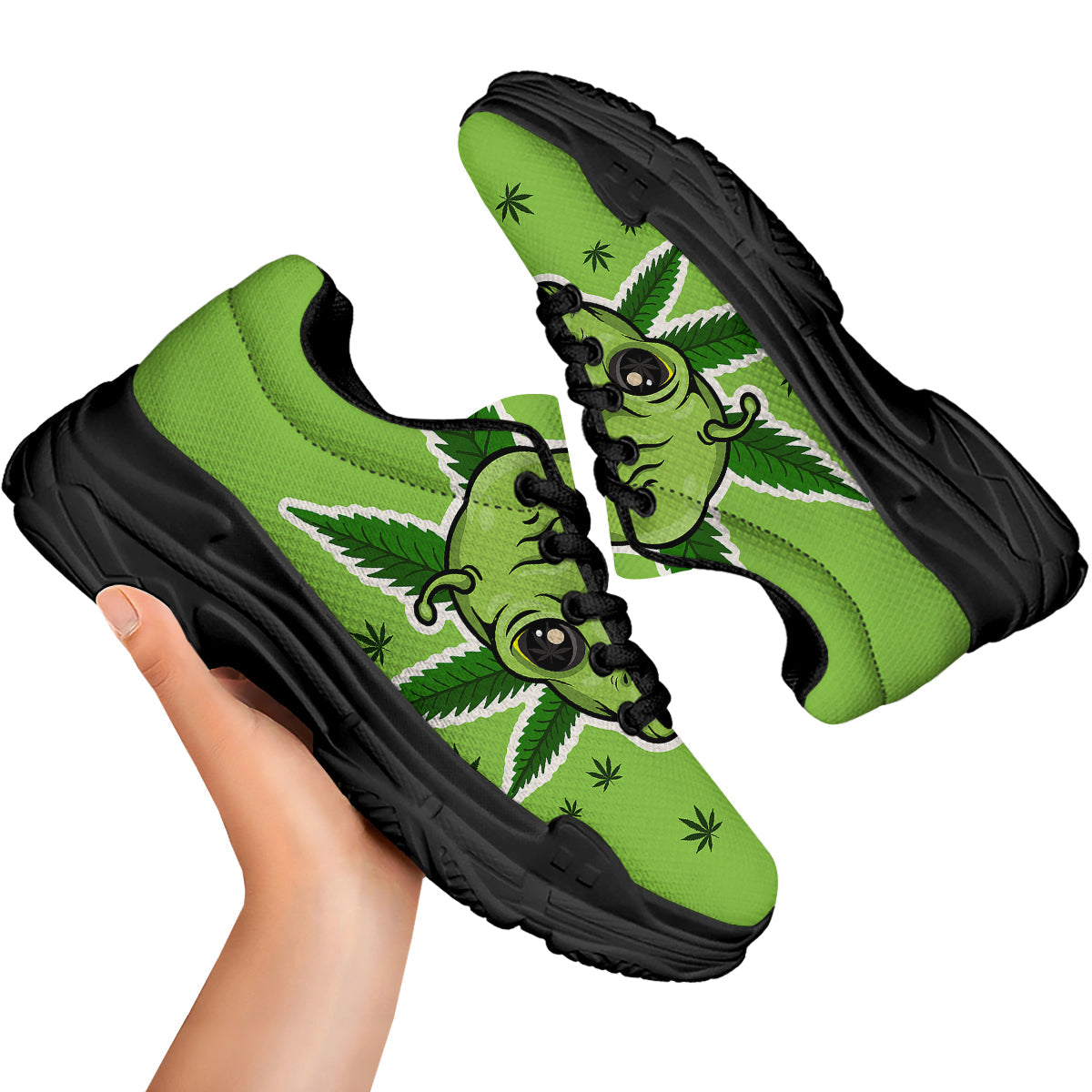 Green Alien Smoking Print Black Chunky Shoes-grizzshop