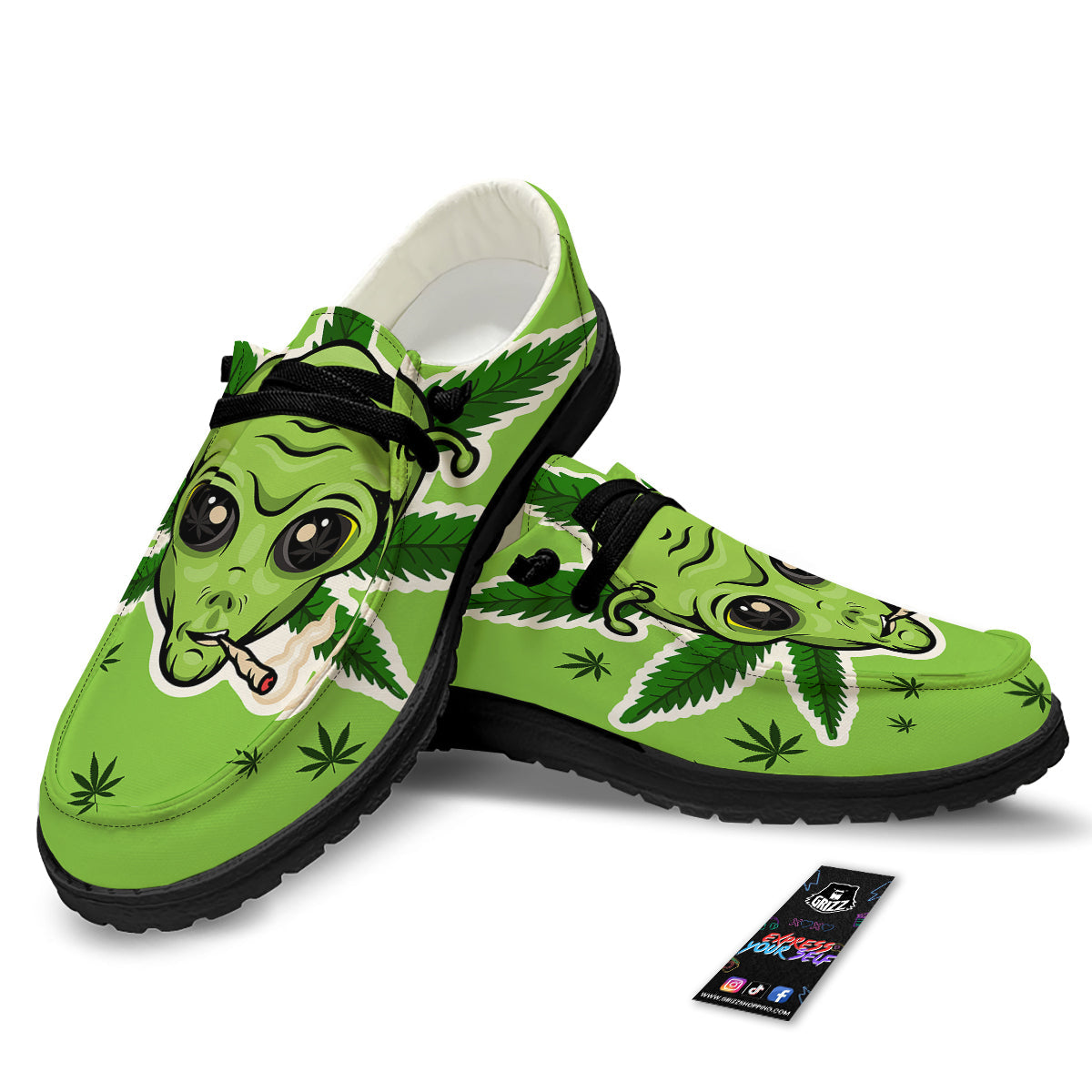 Green Alien Smoking Print Black Loafers-grizzshop