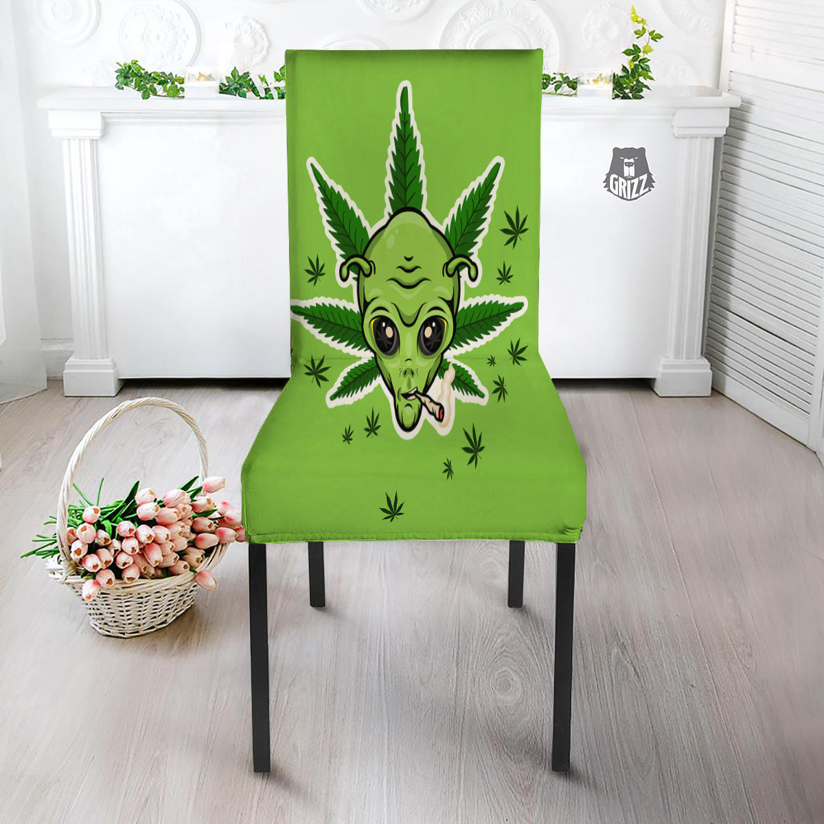 Green Alien Smoking Print Dining Chair Slipcover-grizzshop