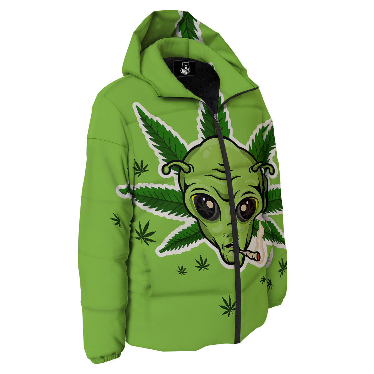 Green Alien Smoking Print Down Jacket-grizzshop