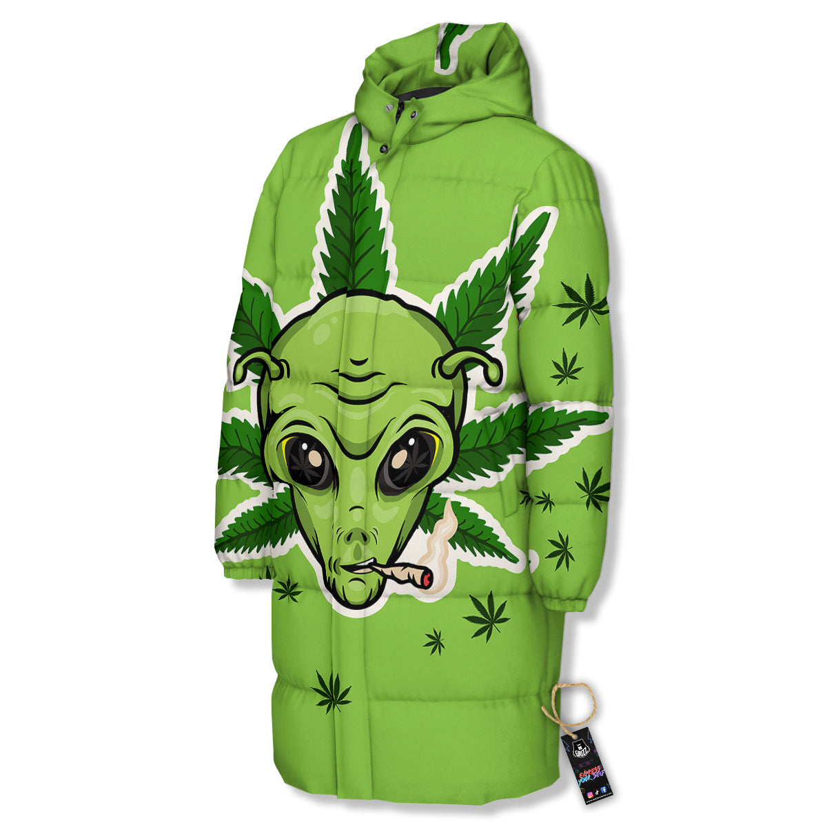Green Alien Smoking Print Long Down Jacket-grizzshop
