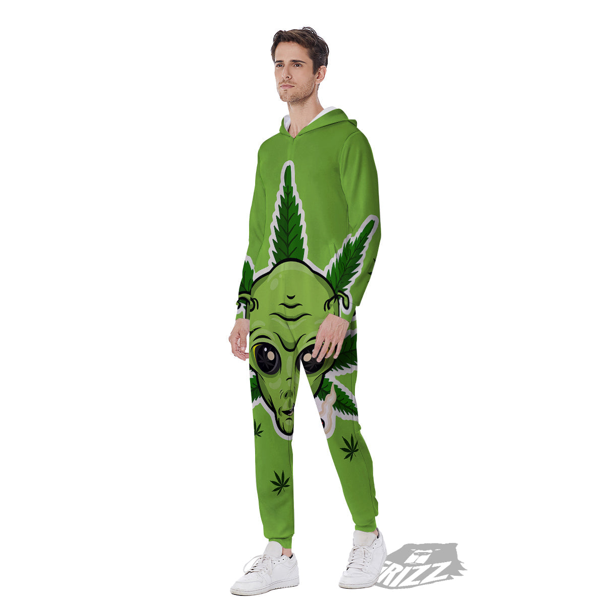 Green Alien Smoking Print Men's Jumpsuit-grizzshop
