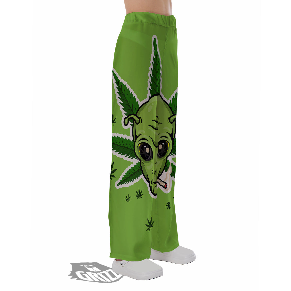 Green Alien Smoking Print Pajama Pants-grizzshop