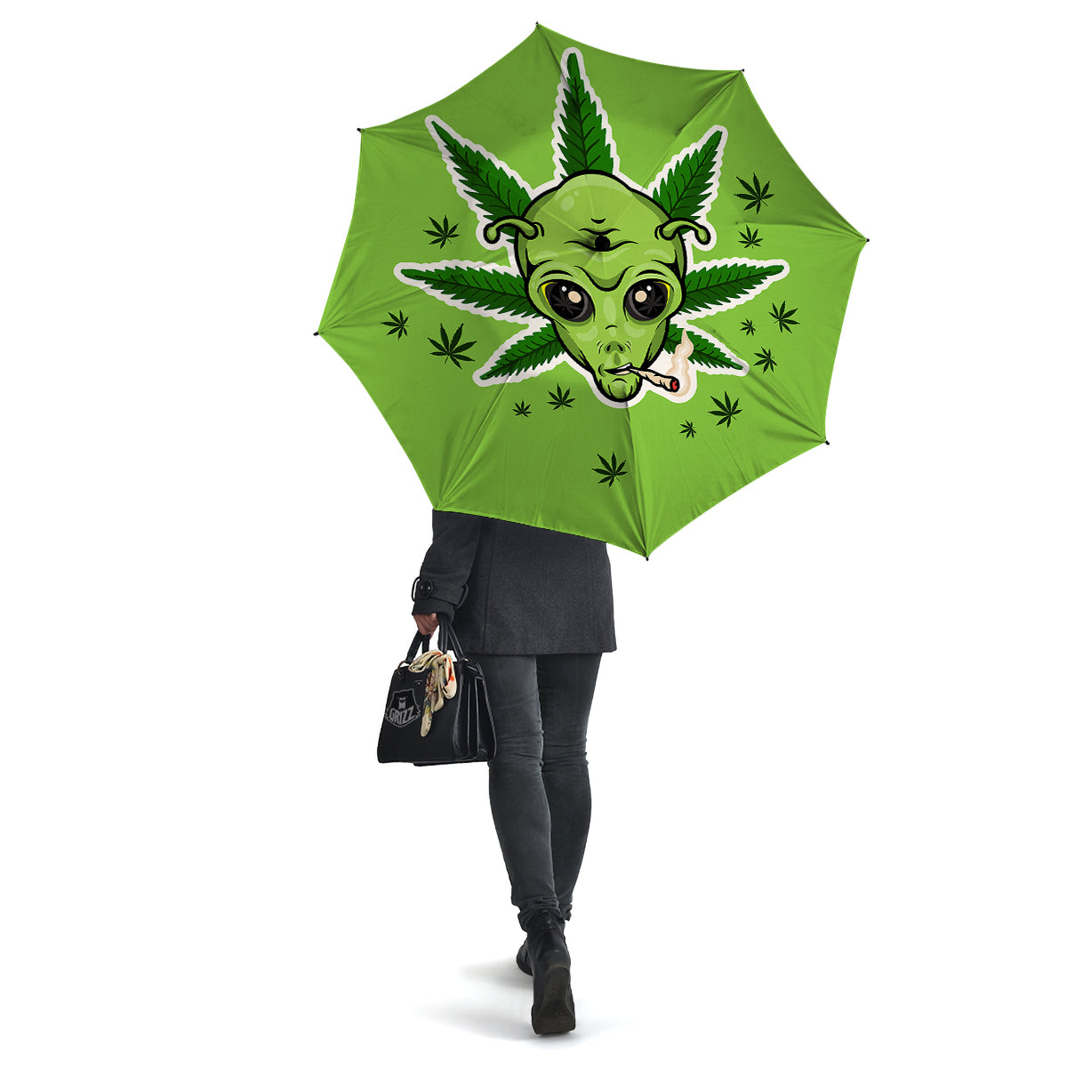 Green Alien Smoking Print Umbrella-grizzshop