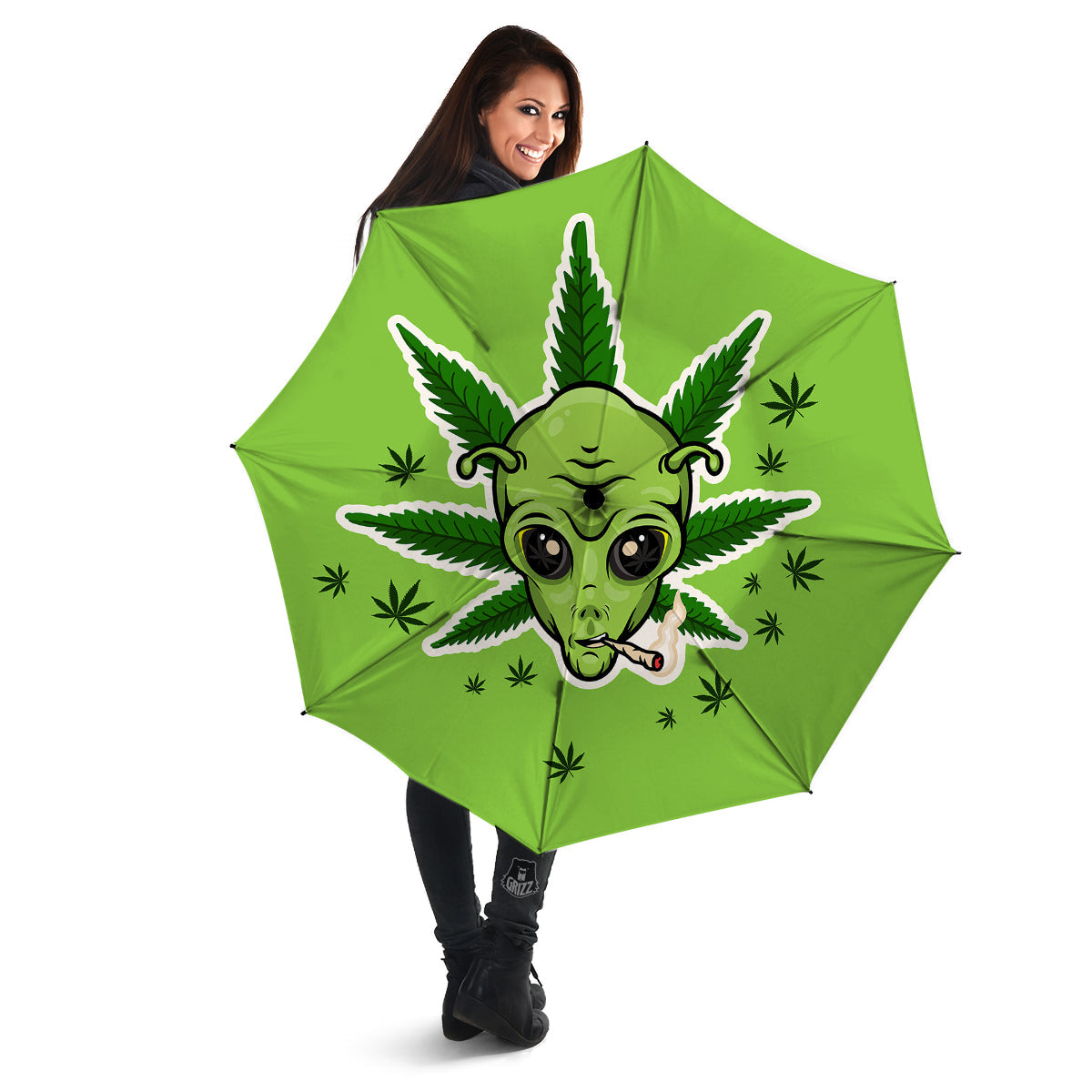 Green Alien Smoking Print Umbrella-grizzshop