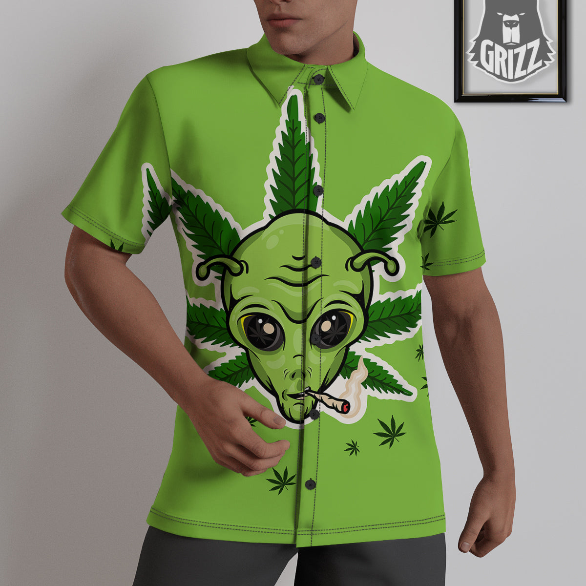 Green Alien Smoking Print Untucked Shirts-grizzshop