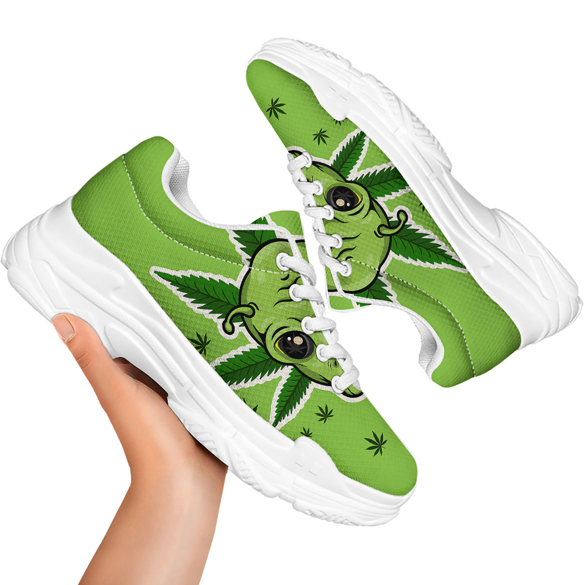 Green Alien Smoking Print White Chunky Shoes-grizzshop