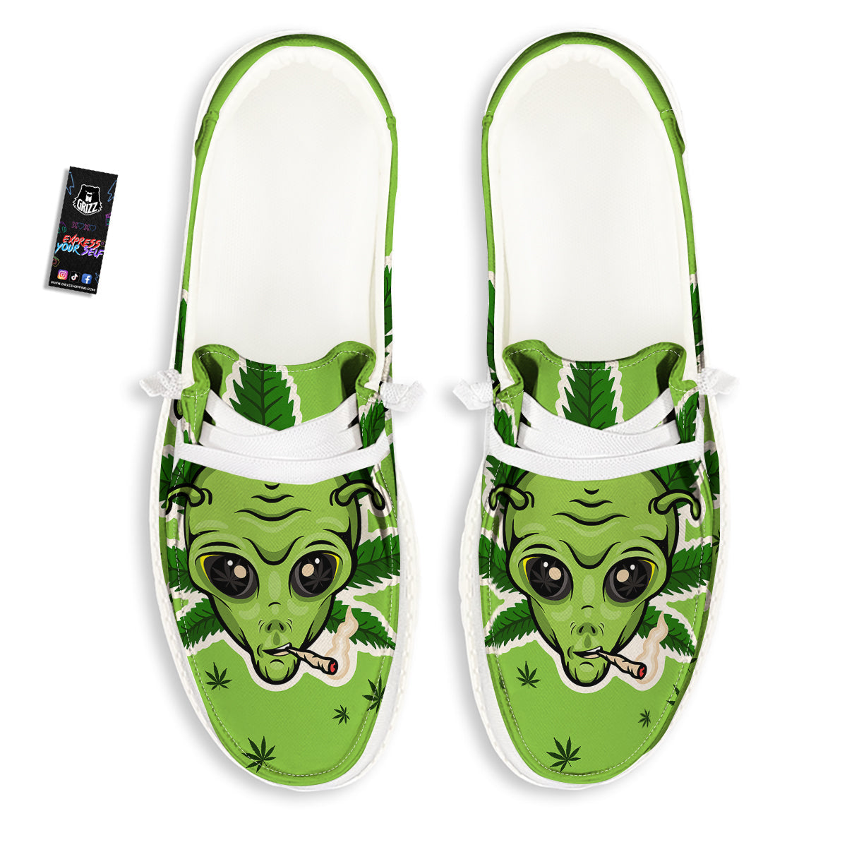 Green Alien Smoking Print White Loafers-grizzshop