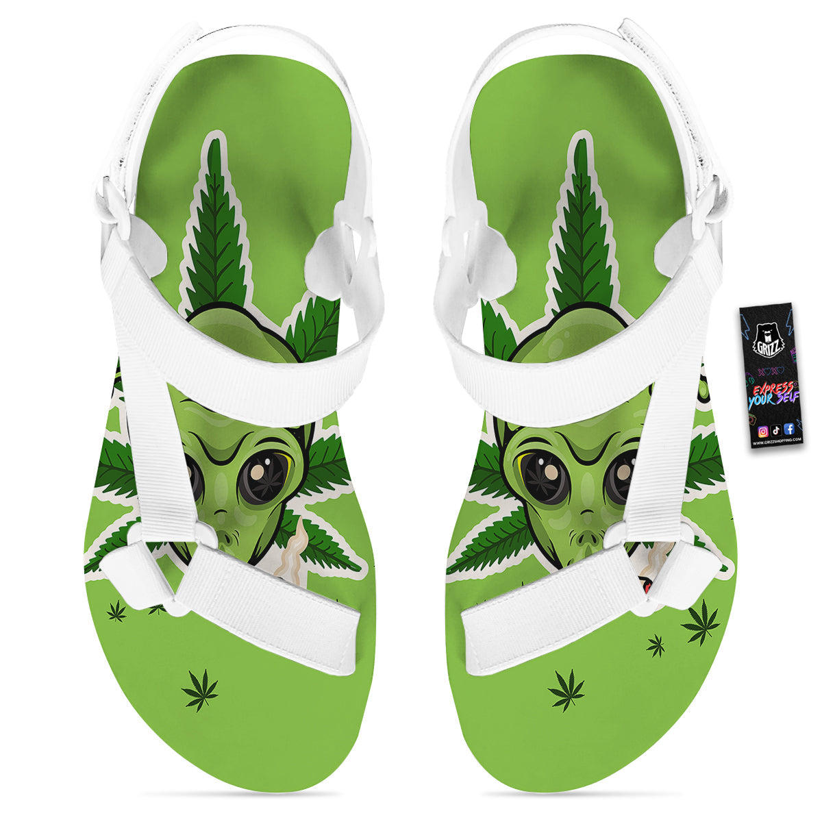 Green Alien Smoking Print White Open Toe Sandals-grizzshop