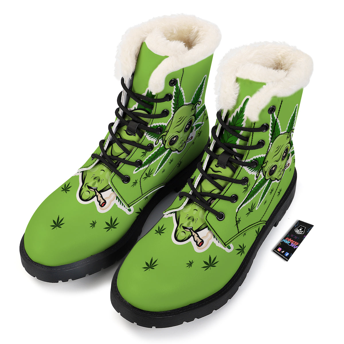 Green Alien Smoking Print Winter Boots-grizzshop