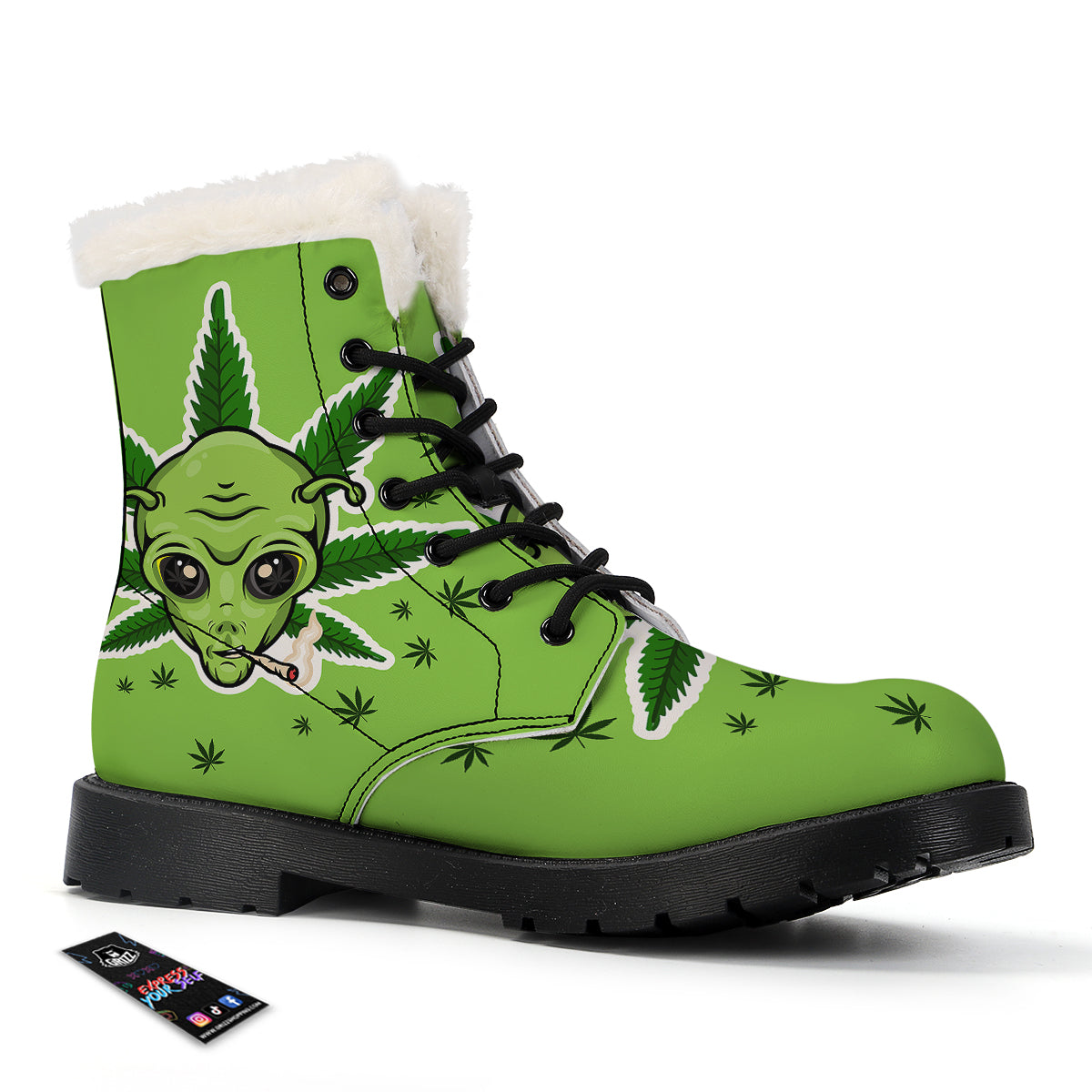 Green Alien Smoking Print Winter Boots-grizzshop