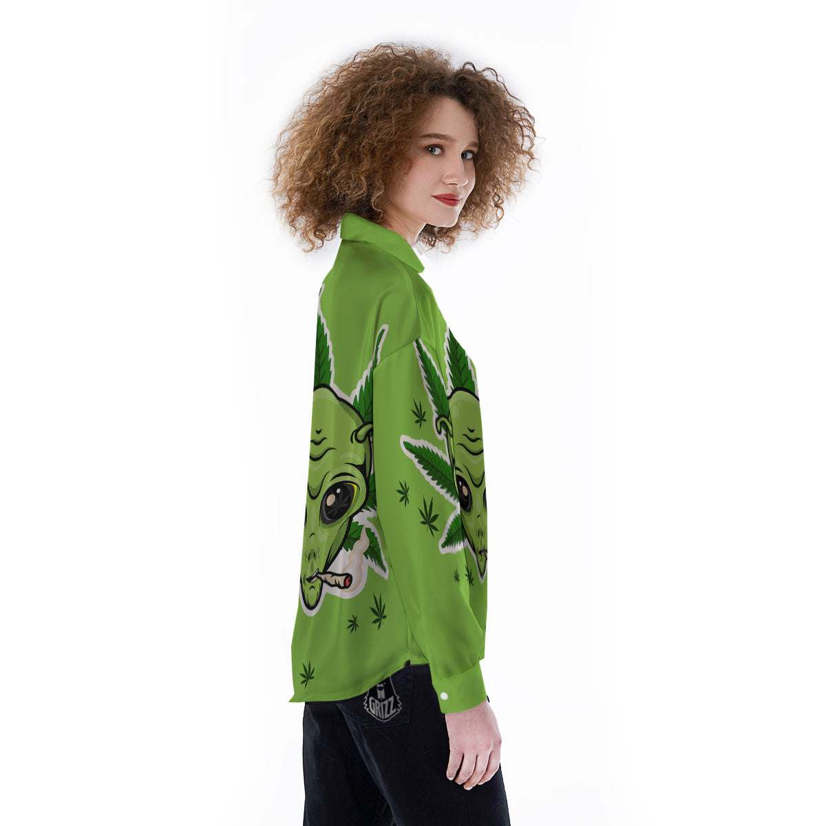 Green Alien Smoking Print Women's Long Sleeve Shirts-grizzshop