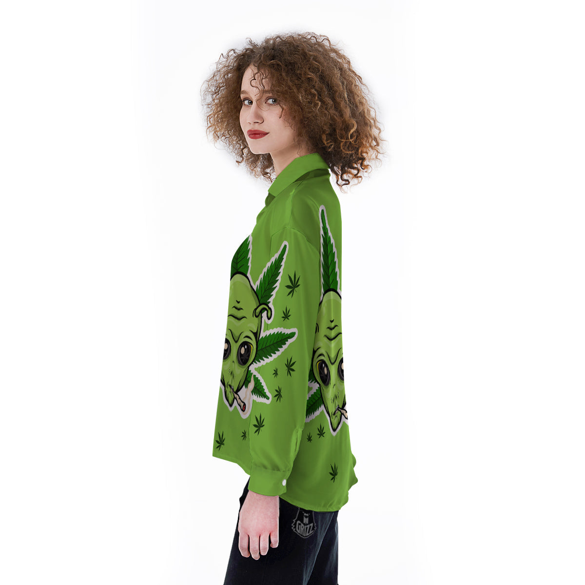 Green Alien Smoking Print Women's Long Sleeve Shirts-grizzshop
