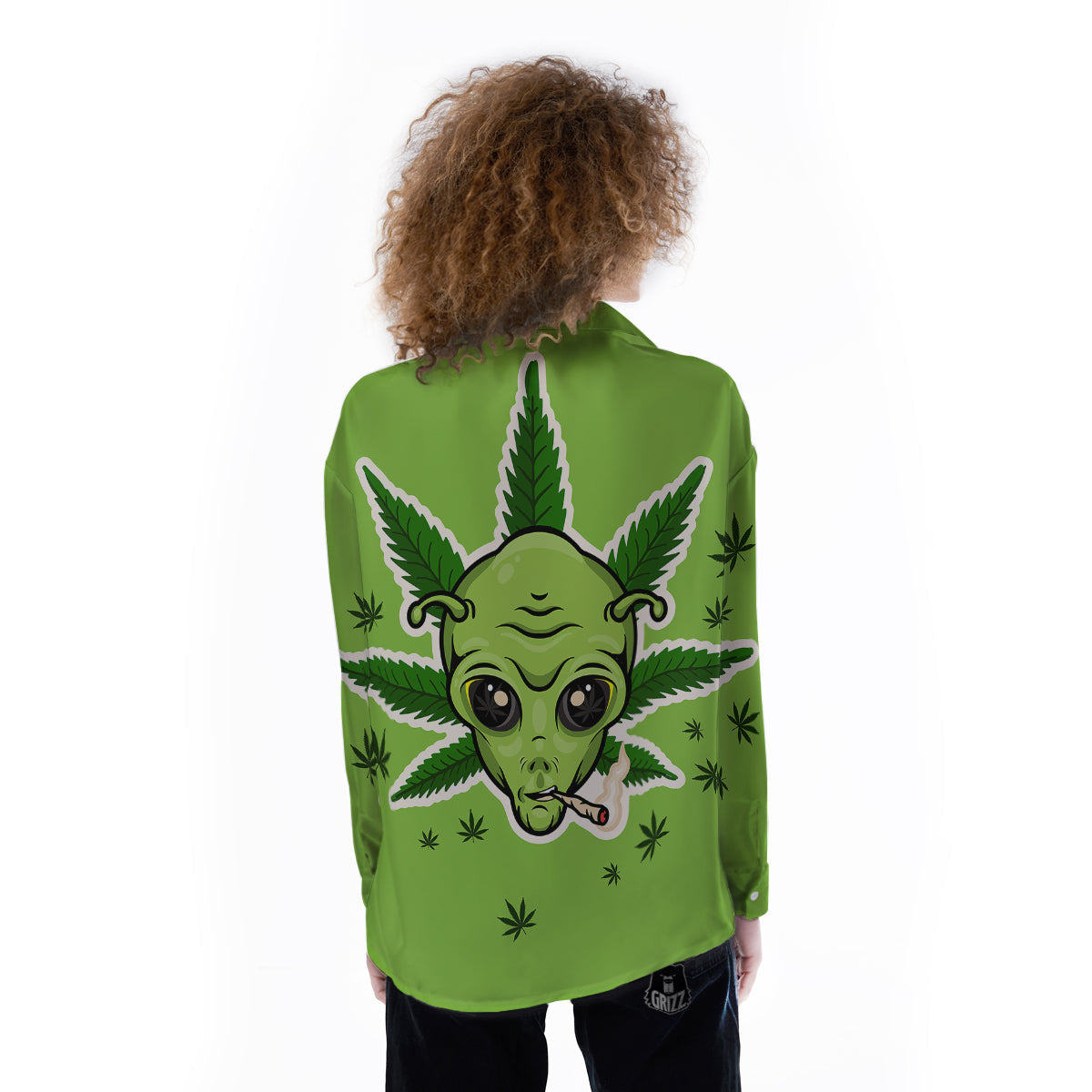 Green Alien Smoking Print Women's Long Sleeve Shirts-grizzshop