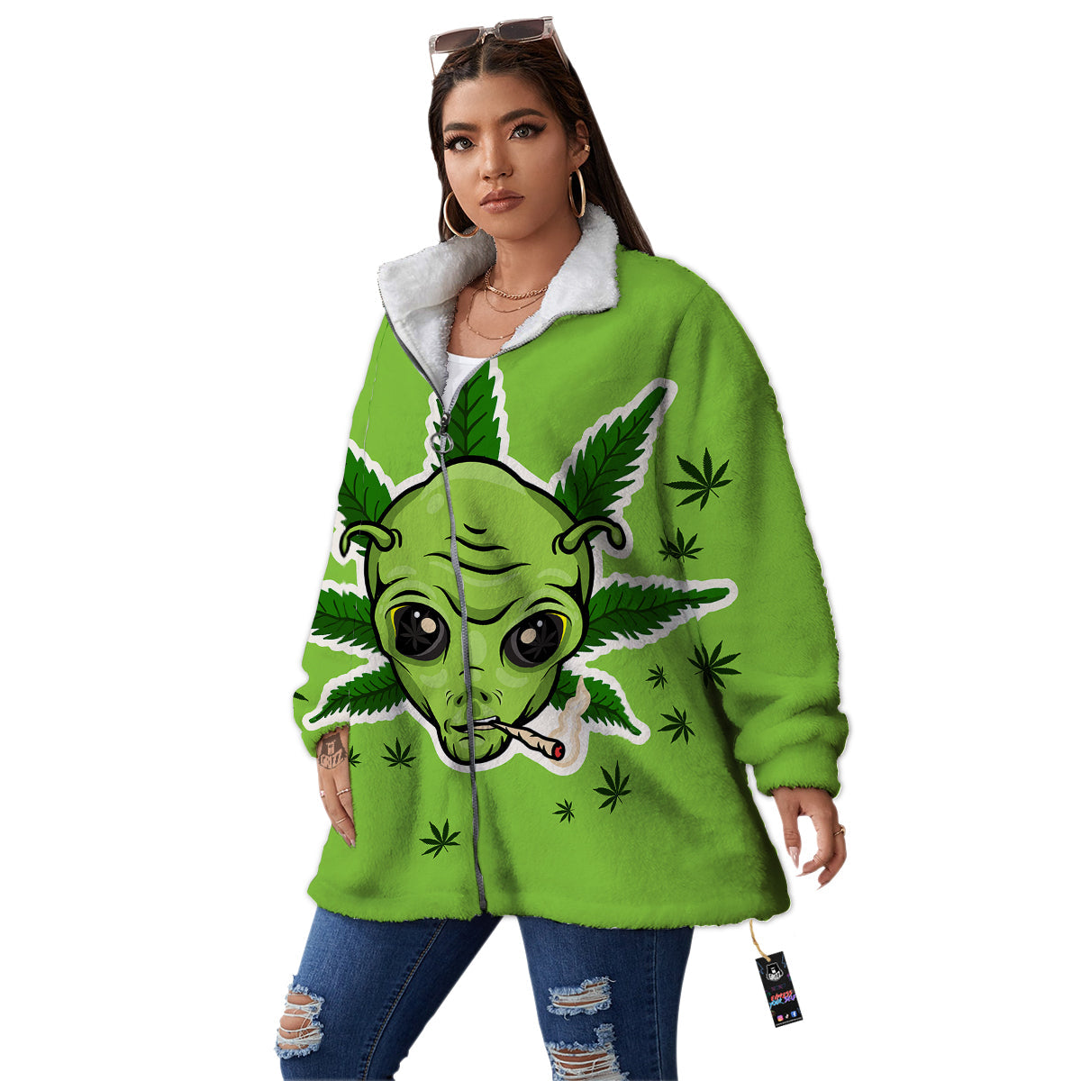 Green Alien Smoking Print Women's Sherpa Jacket-grizzshop