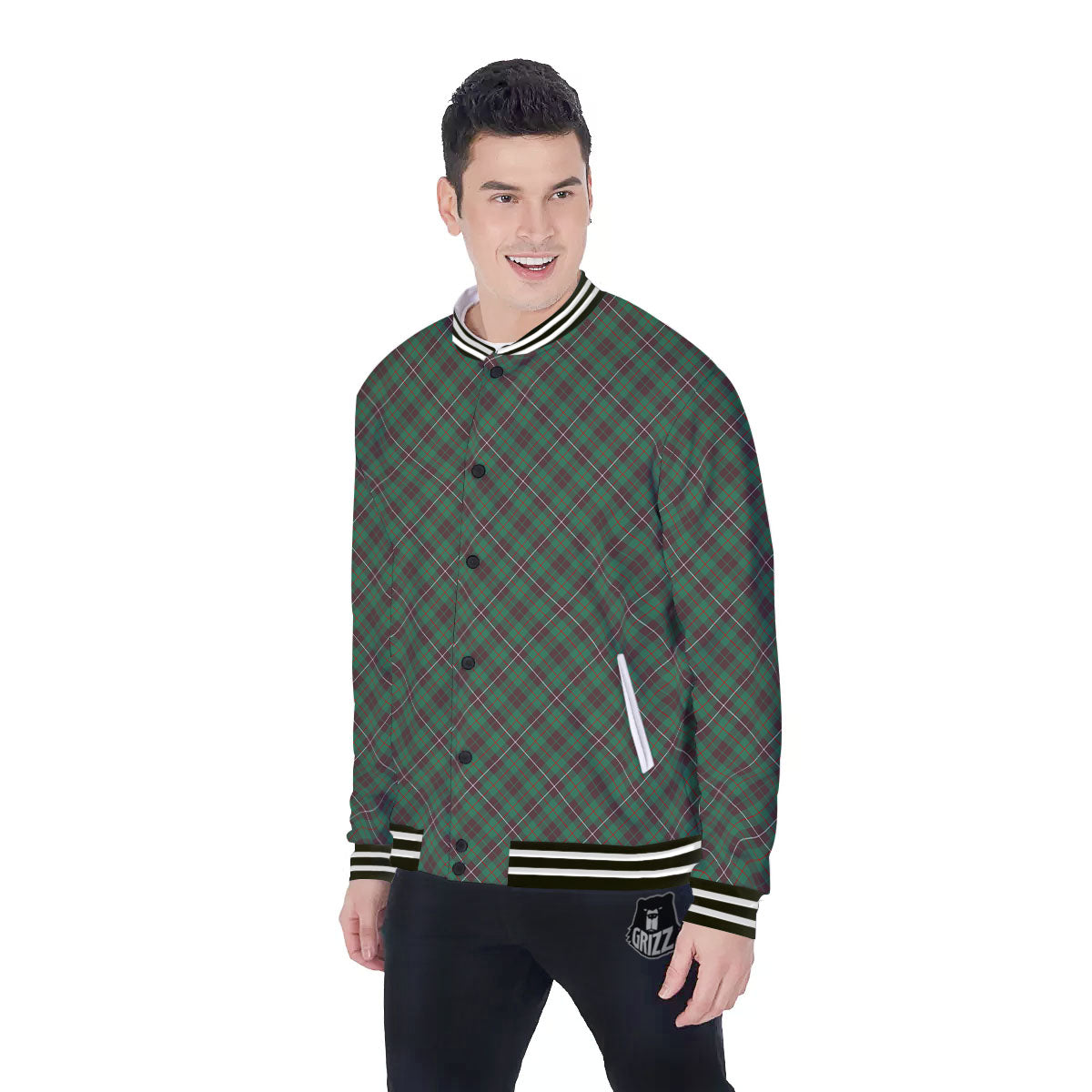 Green And Red Line Plaid Print Pattern Baseball Jacket-grizzshop