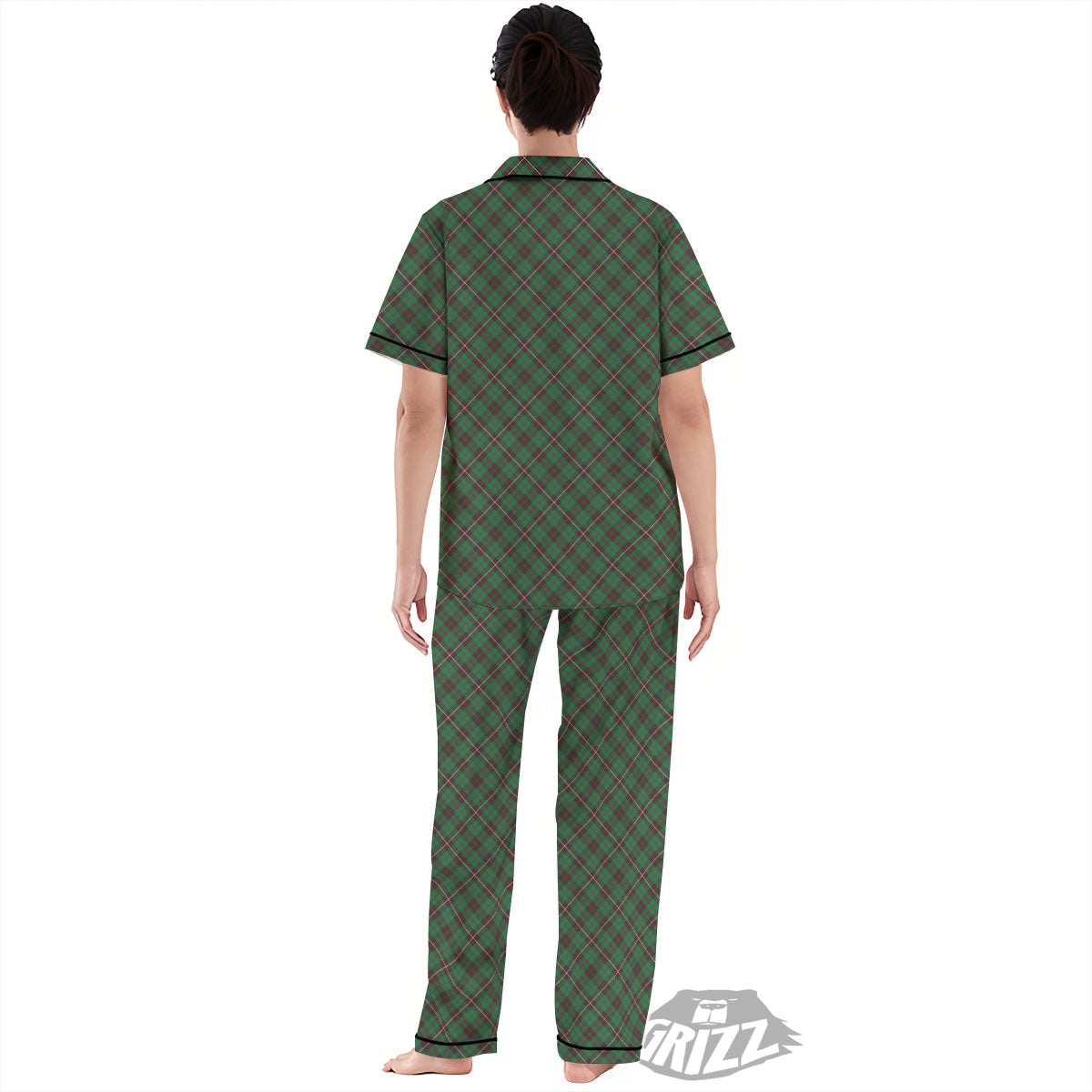 Green And Red Line Plaid Print Pattern Women's Pajamas Set-grizzshop