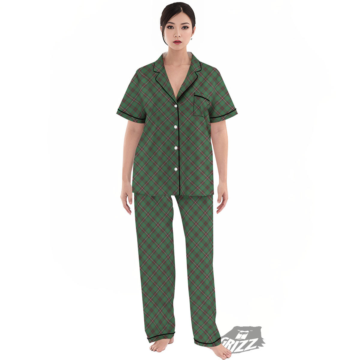 Green And Red Line Plaid Print Pattern Women's Pajamas Set-grizzshop