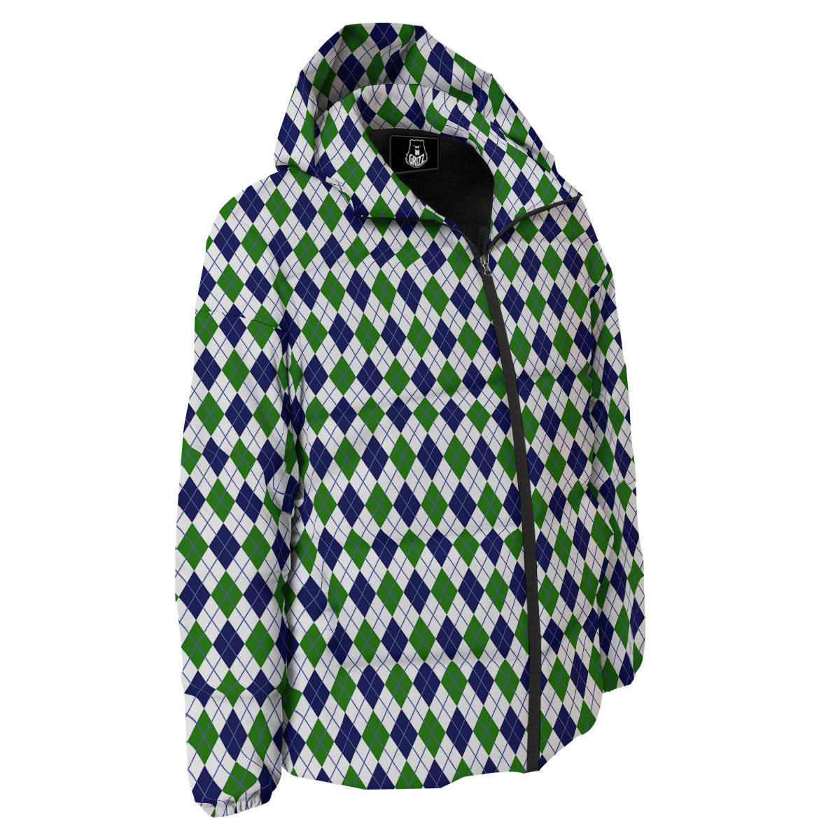 Green And White Navy Argyle Print Down Jacket-grizzshop