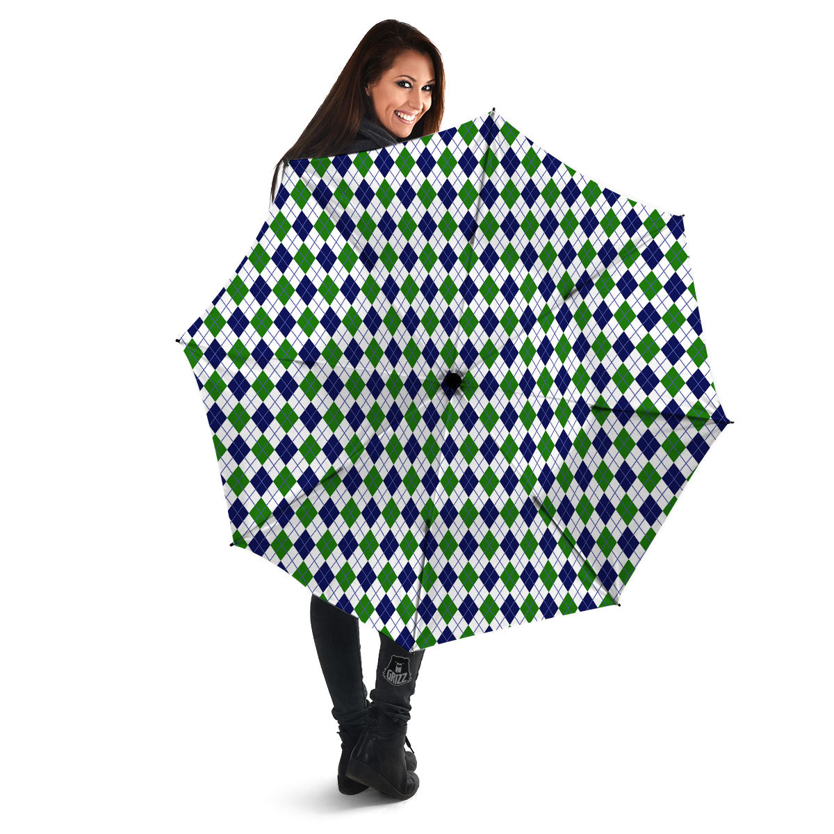 Green And White Navy Argyle Print Umbrella-grizzshop