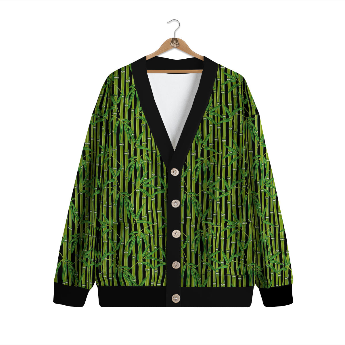 Green Bamboo And Leaves Print Pattern Cardigan-grizzshop