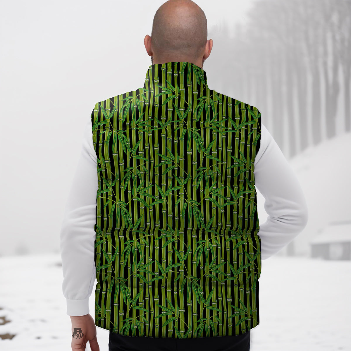 Green Bamboo And Leaves Print Pattern Down Vest