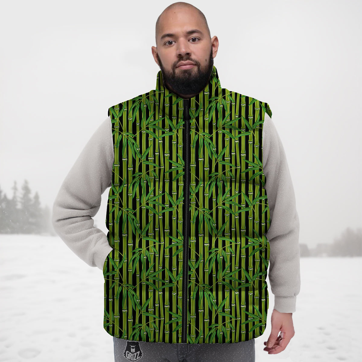 Green Bamboo And Leaves Print Pattern Down Vest